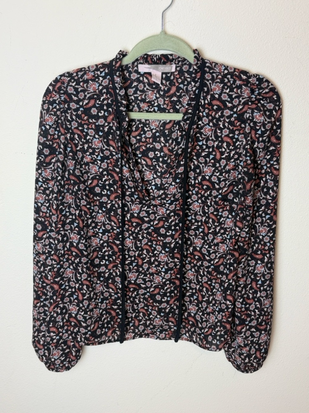 Printed V-Neck Long-Sleeve Blouse - Black Floral